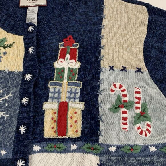 VTG Tiara Christmas Cardigan Sweater 2X Navy Crochet Knit Grandma Holiday Snow - Picture 6 of 10